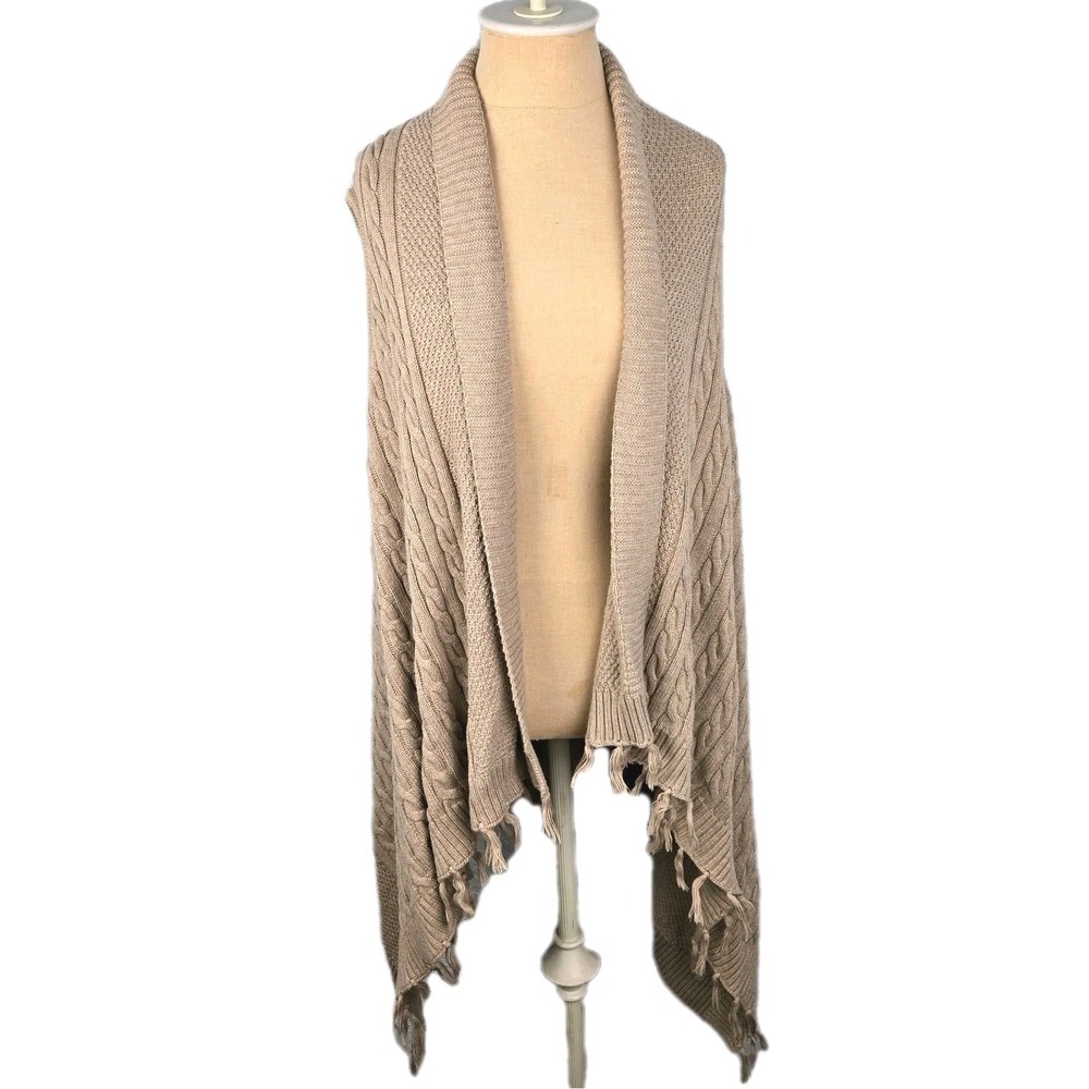 Matilda Jane Womens Cable Knit Open Front Cardigan Cape Tan Fringe Boho Size XL